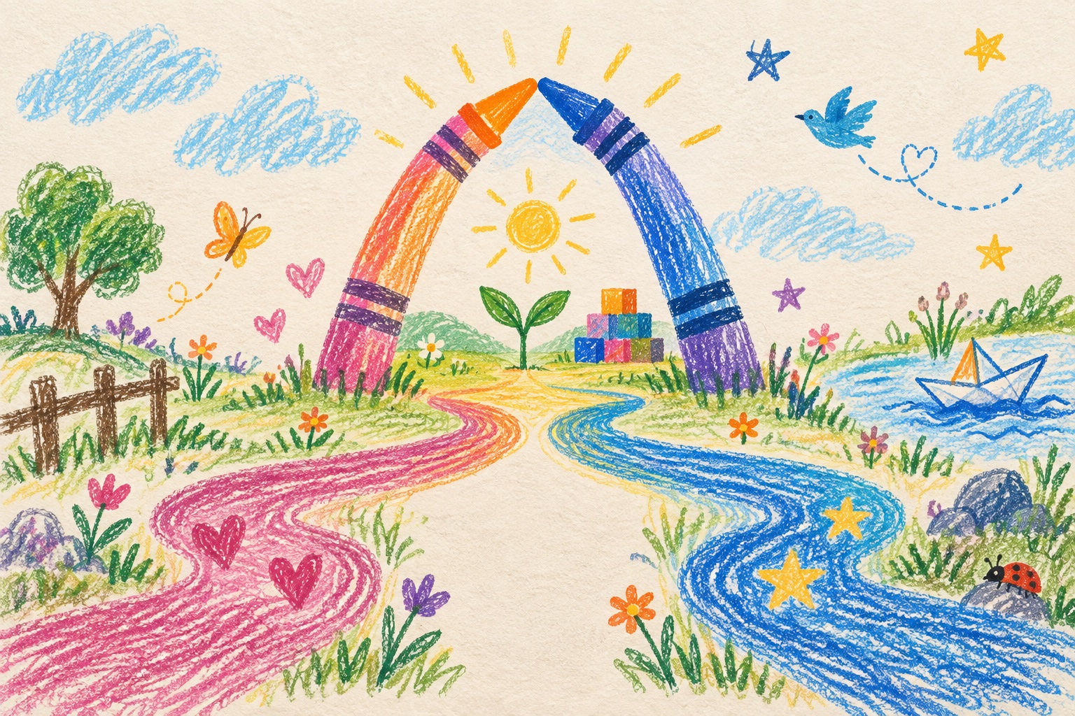 Crayon paths meeting beneath an arch, surrounded by open sky, flowers, blocks and a paper boat
