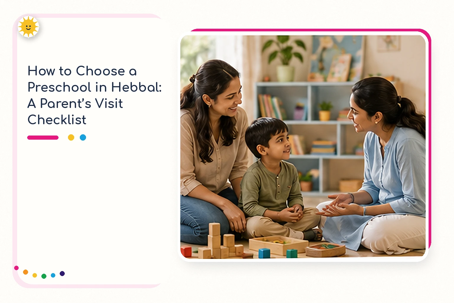 Illustration of a parent and young child sitting on the floor with wooden blocks, talking with an educator in a bright playroom